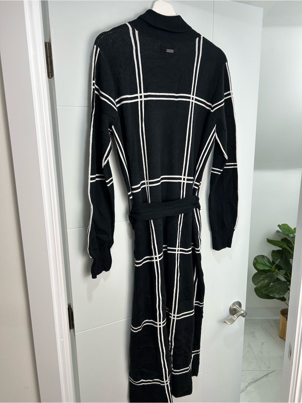 Barbour Aldora Black Windowpane Knit Belted Midi Dress